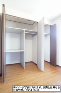 ２本のハンガーパイプと机棚・枕棚を配した壁一面のクローゼットは、天井の高さも活かしてたっぷり収納できます♪